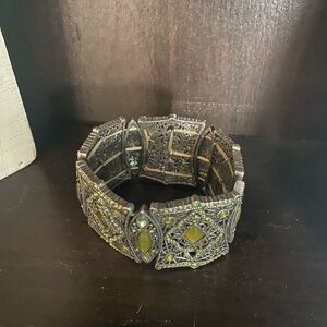 Chunky Sun panel stretch segmented Filigree silver and Green bracelet